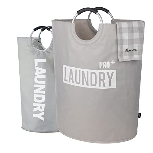 Caroeas Super Large 150L Laundry Basket Pro, Waterproof Laundry Hamper, Collapsible Laundry Basket Easy Storage, Clothes Hamper Stands Up Well, Laundry Bag with Padded Handles (Light Grey)