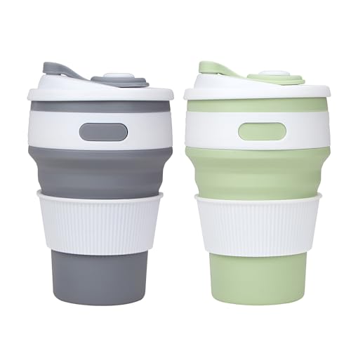 Accmuzzy 2 Pack Collapsible Cup with Lid, Foldable Travel Mug for Hot Drinks, Coffee Cup, Personalised Mug for Picnic, Camping, Hiking, Office (1 Grey 1 Green)