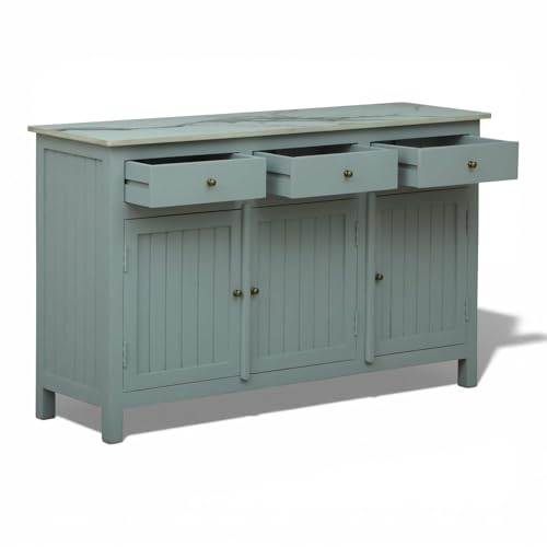 Image of Solid Wood Madrid 3 Drawer Sideboard | Sideboard Cabinet with Sintered Stone top | Finish- Premium Acrylic Silver Grey