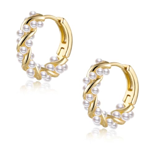 Small Pearl Hoop Earrings for Women, Twisted Huggie Hoop Earrings with Tiny Pearls Chain Link Earing Hypoallergenic Jewelry 16mm