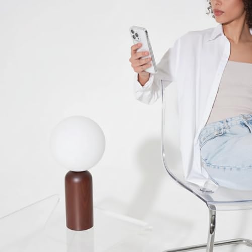 Image of Table Lamp for Bedroom | Wooden Bedside Night Lamp with Linen Shade | Modern Aesthetic Living Room Table Lamp | Warm Light Decor Lamp Full Moon