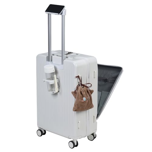 24 Inch Large Luggage Suitcase Top Opening Aluminum Frame Tsa Luggage Hard Shell Suitcases with Wheels for Travel Woman Men, with Cup Holder & USB Type-C Charging Port & Phone Stand (white)