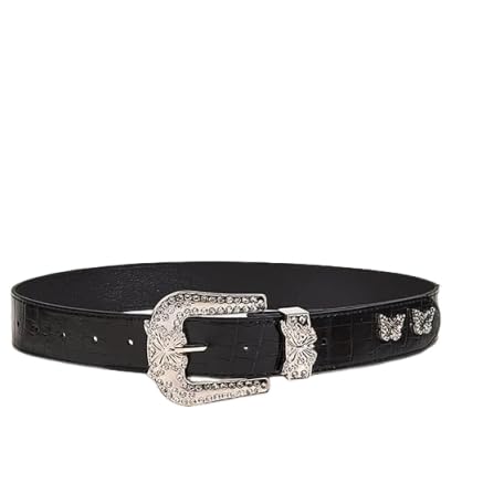 Women's Black Genuine Leather Rhinestone Western Belt with Wide Buckle for Jeans