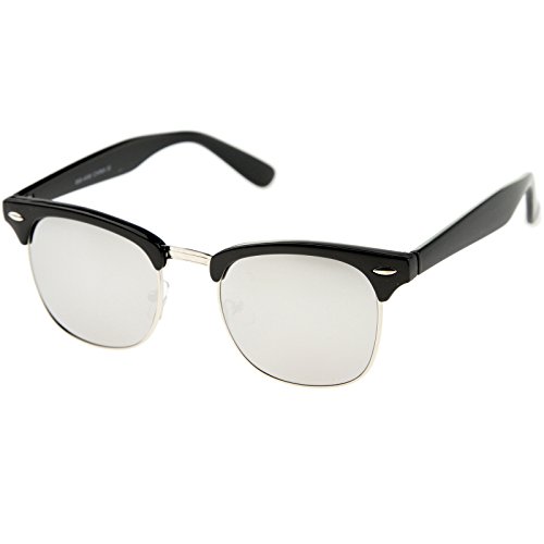 zeroUV - Half Frame Semi-Rimless Horn Rimmed Sunglasses (Black-Silver/Silver Mirror)