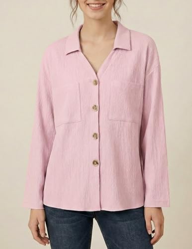 GAMISS Button Down Shirt for Women Long Sleeve Shirts Collared Casual Blouses Tops with Pocket Pink, XL — view 2