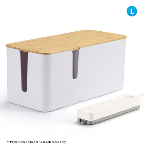 Image of ZhiYo 2 Pack Cable Management Box, Large & XL, Power Strip Organizer, White | Extra-Tall Design for Oversized Adapters, Fits Power Strips Up to 13.4 inch Long, Natural Bamboo Lid, Ideal for Desks, TV Areas