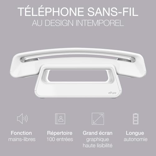 ALCATEL Epure Iconic - Téléphone Fixe sans Fil DECT - Design Vintage - Grand Écran Graphique Haute Lisibilité - Mains Libres - Fonction Blocage des Appels - Blanc