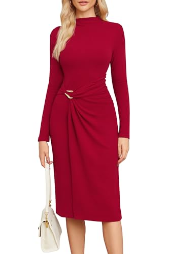 Newshows Strickkleid Damen Winter Herbst Langarm Herbstkleid Winterkleid Elegant Rollkragen Hochzeit Kleid Rot,M