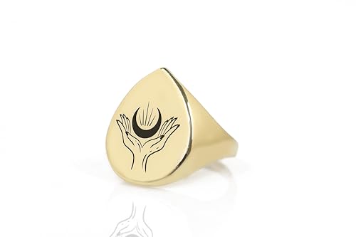 Bague en forme de poire gravée et lune gothique pour femme raffinée