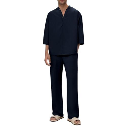 Outdoor Beach Set Mens V Neck Comfy Solid Color Sports Casual 2 Piece Set Breathable Relaxed Lounge Sweatsuits