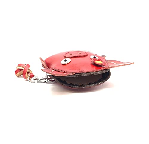 Vintage Genuine Leather 3D Animal Pig Coin Purse with keyring & Removable wrist strap (Red)3
