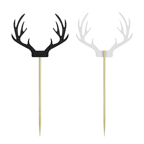Saktopdeco 20 Counts Black Deer Antler Cake Topper Glitter Paper Christmas Reindeer Cupcake Toppers Picks For Themed Party Decor Supplies #TOP1