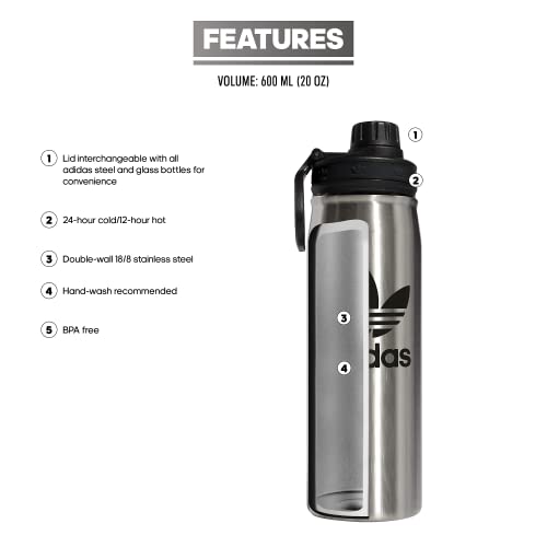 adidas Originals 600 ML (20 oz) Metal Water Bottle, Hot/Cold Double-Walled Insulated 18/8 Stainless Steel, Stainless Steel/Black/Black, 20.3 Ounces