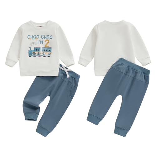 RUIWANBBY Toddler Baby Boy 2nd Birthday Clothes Outfit Choo Choo I'm Two Train Sweatshirt Long Sleeve T-Shirt Pants Set (White, 2-3T) - Image 2