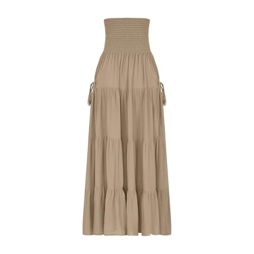 Summer Skirts for Women Cotton Beach Vacation Tiered Maxi Skirt Elastic High Waist Flowy Pleated Ruffle A Line Skirt4