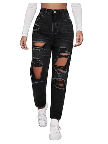 Jean boyfriend taille haute déchiré femme noir Floerns