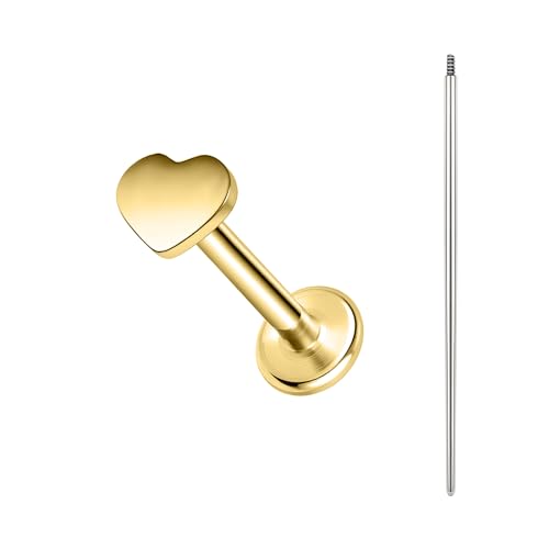 Bodyace Gold F136 Titanium Body Piercing Studs, Internally Threaded Flat Back Cartilage Earring Studs With Piercing Taper, 16G Labret Lip Ring Conch Tragus Stud [Gold Heart] cover