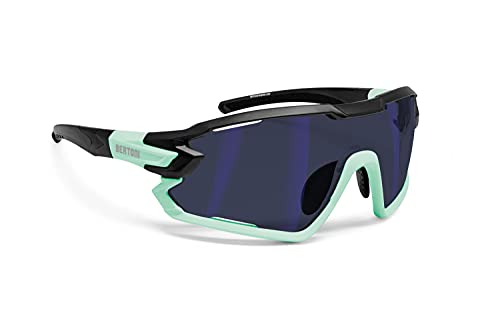 BERTONI Occhiali Ciclismo Running MTB Sci Paddel Tennis Sport Polarizzati Fotocromatici MOD. Quasar (Nero - Acquamarina/Blu Specchio)