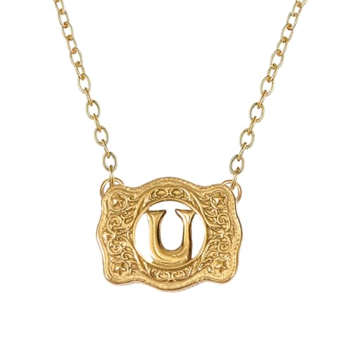14K Gold Belt Buckle Necklace Western Style Initial Letter Pendant Necklace, Decorative Belt Buckle Frame Design