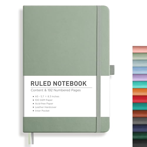 Image of RETTACY Lined Journal Notebook, 192 Numbered Pages, A5 Size (5.7'' x 8.3'') | Leather Hardcover, 100 GSM Thick Paper, for Men & Women, Journaling, Writing, Work & Office (Sage Green)