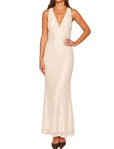Image of Elegant Lace Floral V Neck Backless Bodycon Dresses for Women Sexy Cut Out Low Back Sleeveless Maxi Dress Wedding Guest