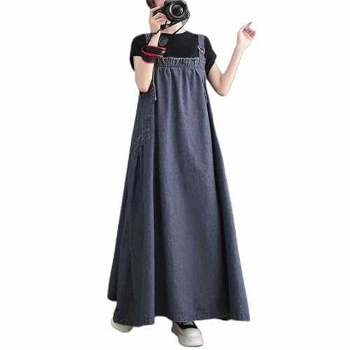 Image of Women's Casual Loose Denim Dress Sleeveless Adjustable Straps Denim Jumper Dress with Pockets