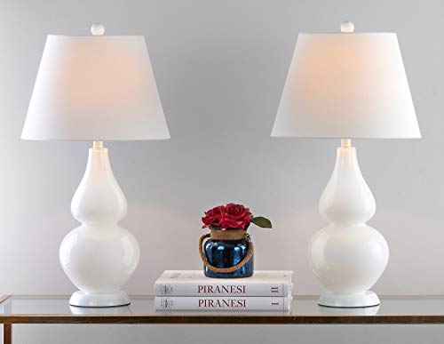 SAFAVIEH Lighting Collection Cybil Modern Contemporary White Double Gourd Glass 27-inch Bedroom Living Room Home Office Desk Nightstand Table Lamp Set of 2 (LED Bulbs Included)