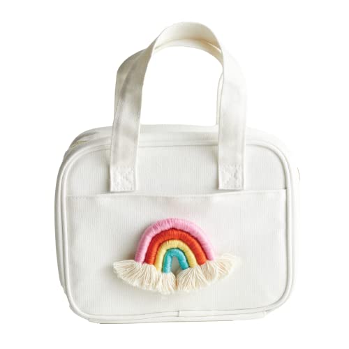 LDS Rainbow Regular Scripture Tote | Adorable white canvas scripture bag with embroidered rainbow design | Fits LDS standard scriptures and more | Zipper enclosure and compact | Perfect for kids