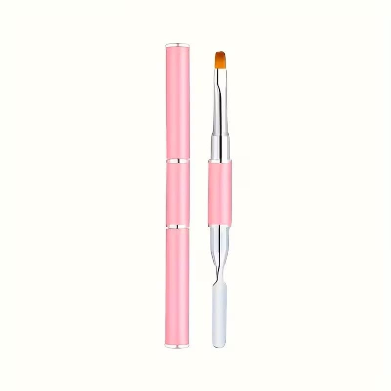 Dual-Ended Nail Art Brush Set Quick Gel Picking Flower Pressing Tool with Removable Spatula Stick Pink