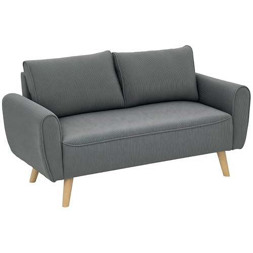 HOMCOM Zweisitzer Sofa mit 2 Kissen, Polstersofa mit 54cm extra tiefen Sitzen, Doppelsofa aus Cord, klein Sofa mit Holzrahmen 2er Couch f&uuml;r Wohnzimmer Schlafzimmer B&uuml;ro, 145 x 75 x 78 cm, Dunkelgrau