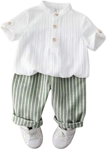 styledexona Boy Outfit Mandarin Collar Shirt with Striped Pants | Summer Comfort Clothing Set for Boys