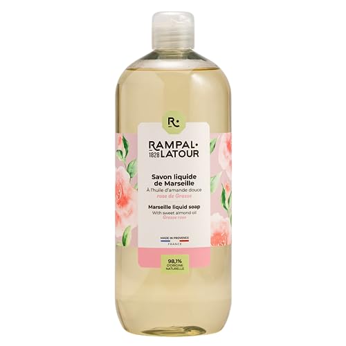 Rampal Latour - Savon Liquide de Marseille à l'huile d'amande douce - Parfum Rose de Grasse - Hydrate et Nettoie en douceur - Mains et Corps - Recharge 1L