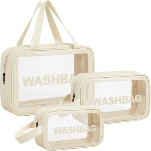 Image of KASHIVAL 3-Piece Clear Travel Toiletry Bags Set, Waterproof Transparent Makeup Organizer Pouches with Zipper, Large Medium Small Cosmetic Storage Cases with Carrying Handle (Cream)