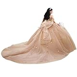 XYAYE Gorgeous Off Shoulder Peach Leaf Quinceanera Dresses with Bow Princess Long Ball Gown Sparkly Beaded Sweet 16 Dress Puffy Tulle Princess Prom Gown Size 2