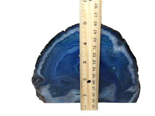 AMOYSTONE Blue Agate Stone Bookends, Decorative Book Holder for Office and Home Shelves, 3-4 LBS Stylish and Functional Bookends,with Rubber Bumpers