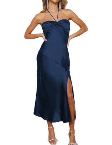 Image of VUBIYA Women's Summer Satin Strapless Slit Halter Midi Dress Wedding Guest