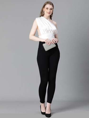 Image of oxolloxo Women Solid Elasticated One-Off Shoulder Satin Crop Top