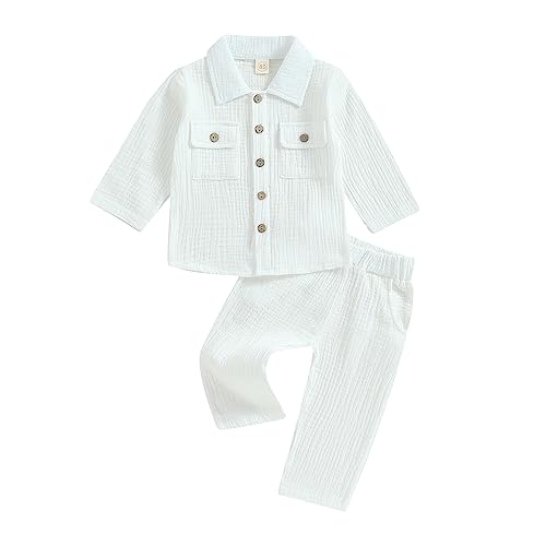 XIXIMAON Toddler Boy 2 Pieces Cotton Linen Pajama Set Solid Color Long Sleeve Button Down Shirt Pants Set Summer Fall Lounge Set Baby Shower Clothes (White, 12-18 Months)