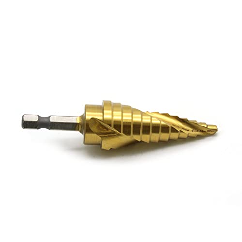 Image of TEMO M35 Cobalt Spiral Flute Step Drill Unibit with Titanium Coating, 12 Sizes 3 /16 Inch (4.8 mm) to 7 /8 Inch (22.2 mm), 1 /4 Inch Hex Shank