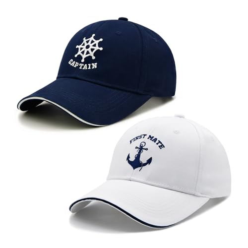 Image of Captain and First Mate Hat Set, Adjustable Matching Cotton Nautical Marine Sailor Baseball Caps, Boat Owner Gift