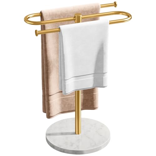 STWWO Countertop Towel Stand Free Standing with Marble Base, S-Shape Hand Towel Stand for Bathroom Stainless Steel Rust-Proof, Hand Towel Holder Standing for Kitchen Vanity Countertop (Gold)