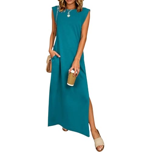 Vestido largo casual de verano para mujer, ajuste holgado, para vacaciones en la playa, sin mangas, vestido largo ligero, Lago Azul, XXL