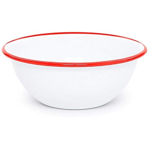 Crow Canyon Enamelware Round Salad/Soup/Serving Bowl, Classic Tableware - Set of 4 - White Body with Red Rim, 8.5 Inches Cover