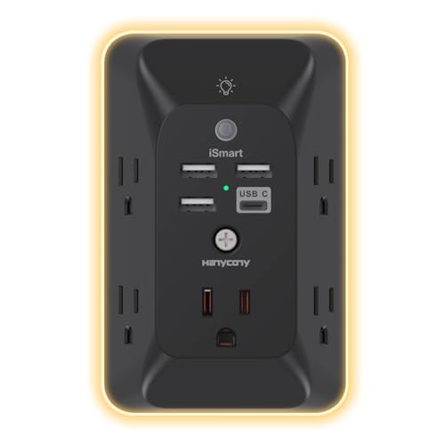 Black Outlet Extender with Night Light, HANYCONY Multi Plug Outlet, USB Wall Charger Surge Protector 4 USB Charging Port(1USB C), Power Strip Electrical Outlet Splitter Expander for Office Dorm Room