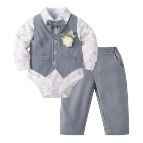 Lito Angels Bebé Niño Traje 5 Piezas con Chaleco Camisa Pantalón Moño y Flor para Bautizo Boda Cumpleaños Navidad Pascua Fiesta Elegante Sesión de Fotos Conjunto Formal Gris 3–6 Meses Talla 68