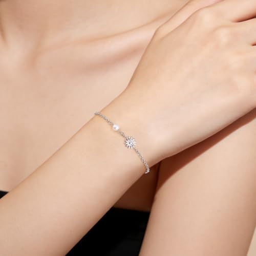 Image of 925 Sterling Silver Jewelry Flower Charm Freshwater Cultured Pearl Bracelet
