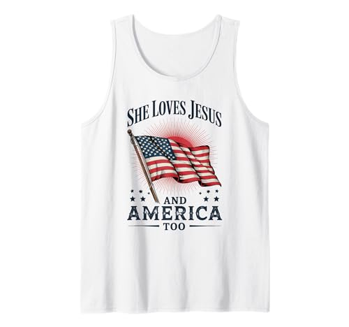 Diseño patriótico She Loves Jesus and America Too Camiseta sin Mangas