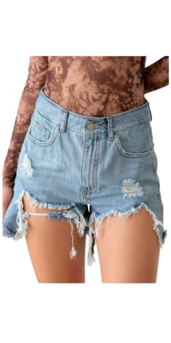 SI HEIRS Women's Distressed Denim Shorts, Light Blue Wash, High