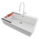 PRIMAGRAN Lavandino da Cucina Bianco 78x50cm, Lavello in Granito a 1 vasca + Rubinetto 38x14cm + Set di accessori, Lavabo da Cucina Incasso al Mobile 80cm - Oslo Top S572