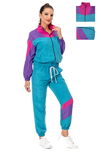 80s Track Suit for Women, 2 Piece Color Block Sweatsuits Neon Outfit Retro Sweatsuits for Themed Party